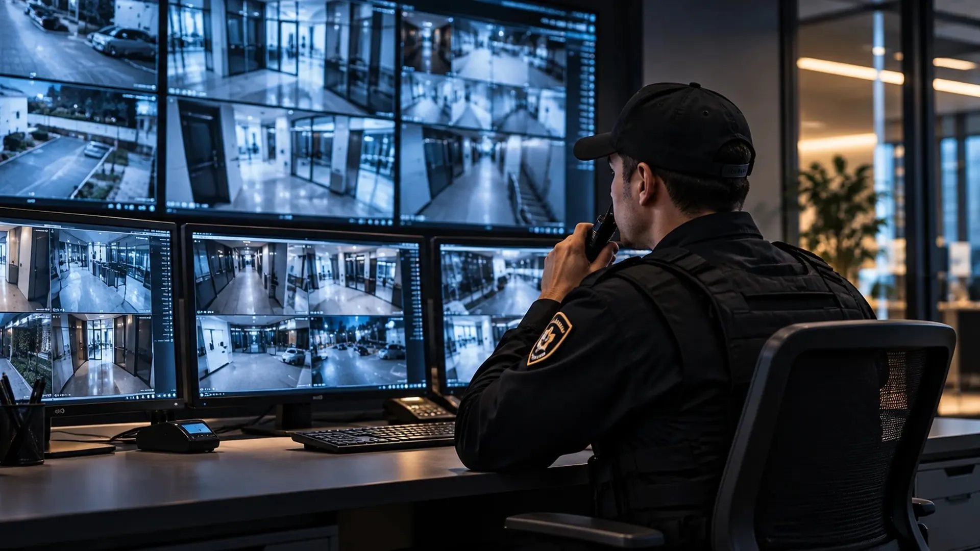 Elemento de seguridad de Alfa Group 9.0 vigilando el acceso de un edificio