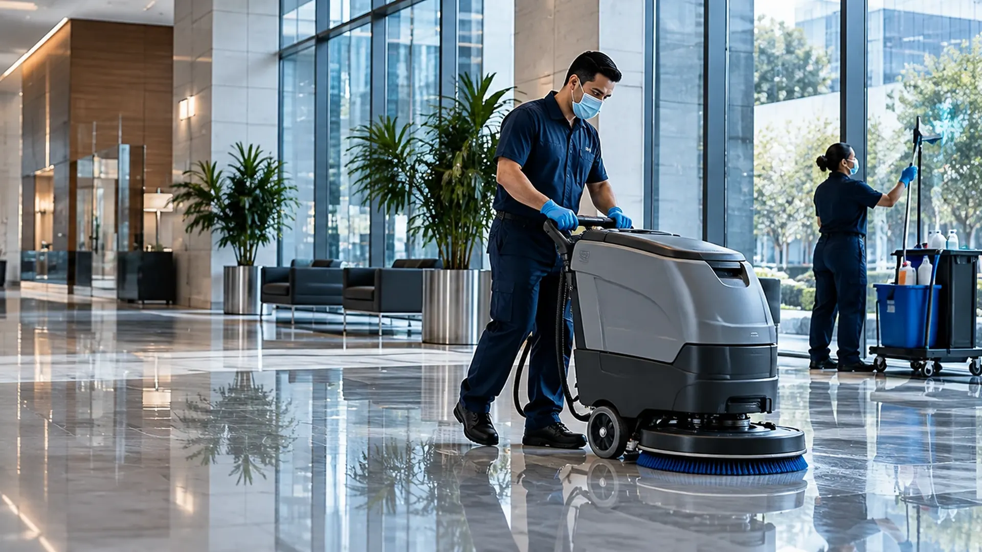 Técnico de Alfa Group 9.0 con traje de protección sanitizando un área de trabajo