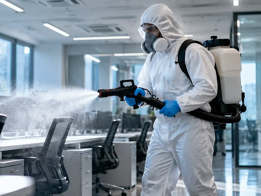 Técnico con traje de protección sanitizando un pasillo